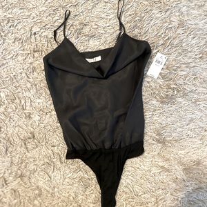 WAYF Black Satin Cowl-Neck Bodysuit